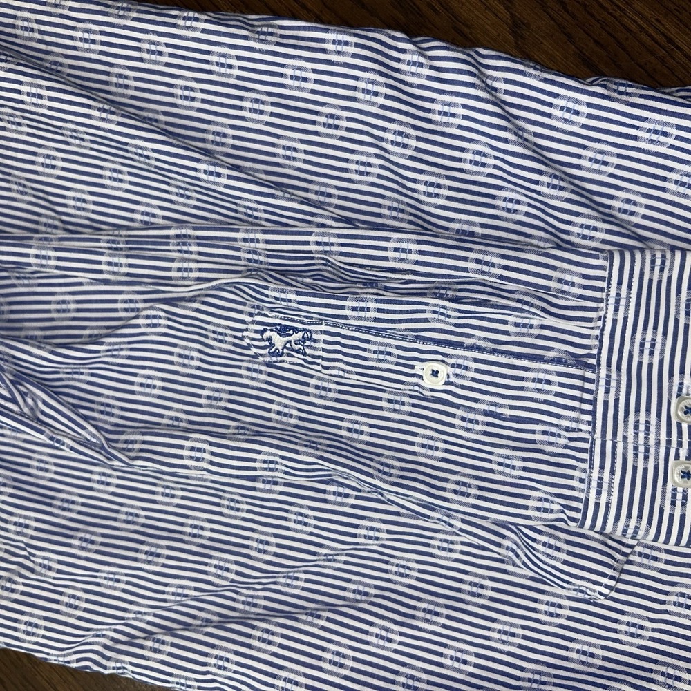 Bugatchi‎ Shaped Fit Blue White Stripe Medallion Print Dress Shirt Men's Medium - Picture 16 of 16